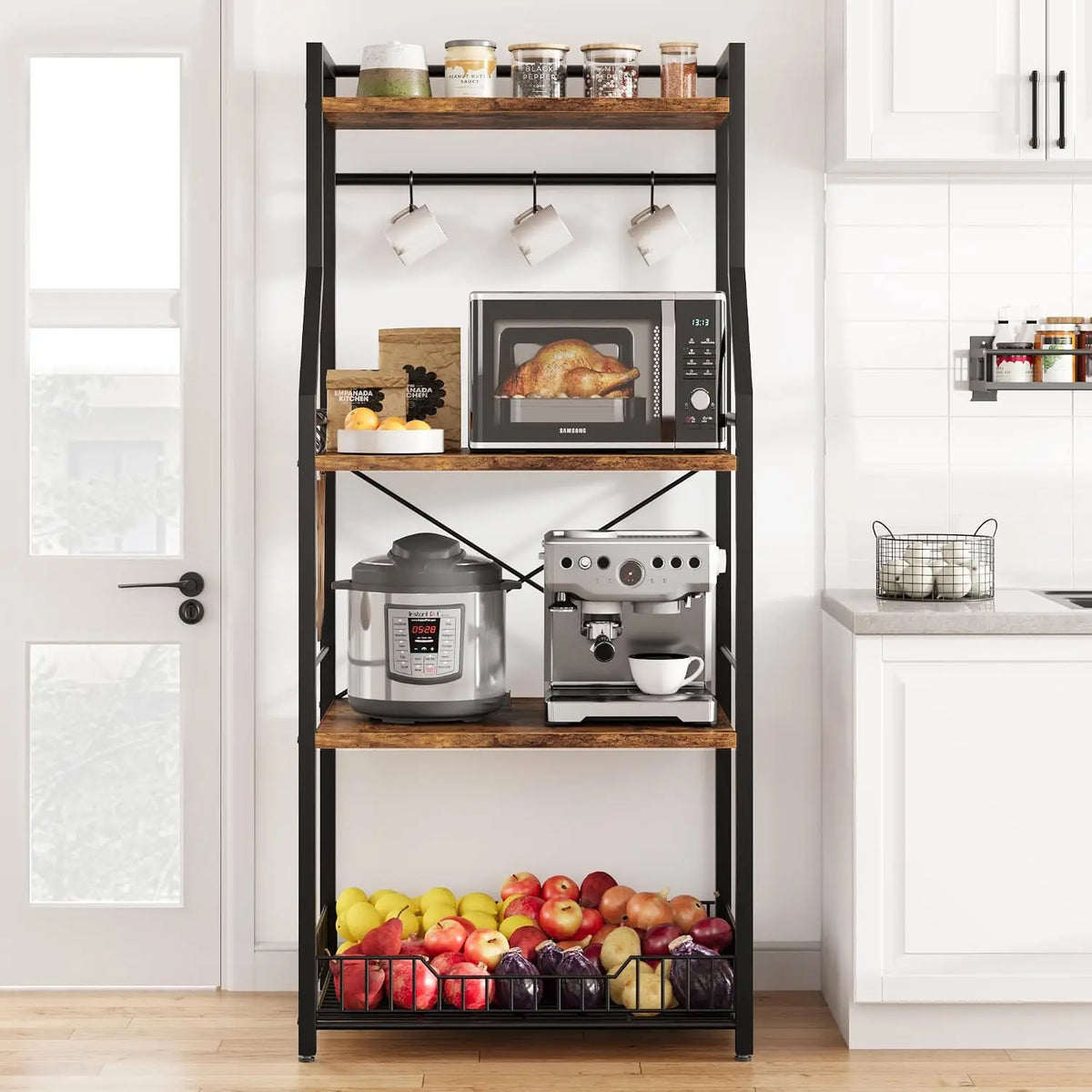 4-Tier Household Floor-Standing Rack For Cookware multi-level and Multi-functional Storage For Bathroom Home Metal Frame 8 S-Hooks Industrial Coffee Bar Storage Shelf