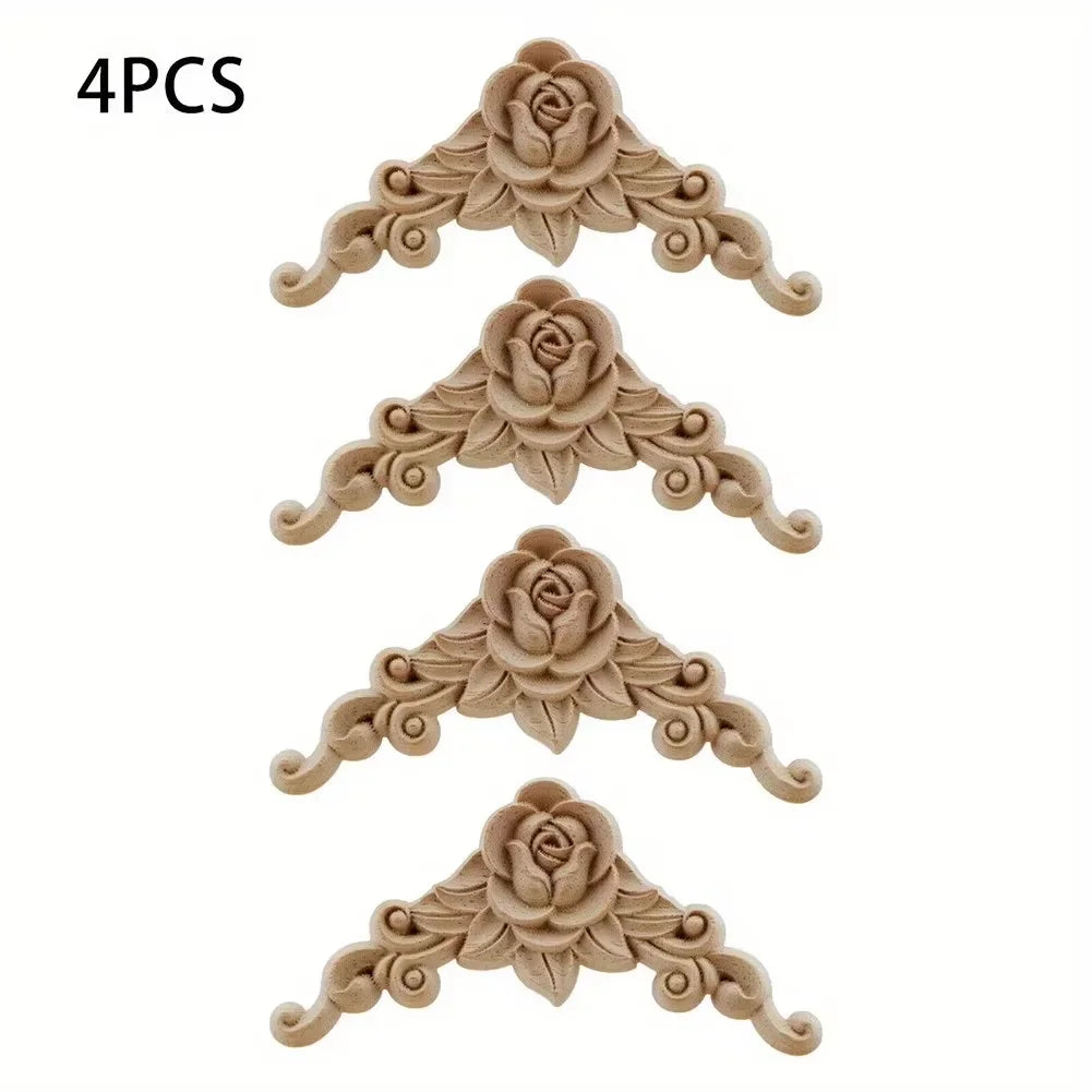 4pcs Natural Floral Wooden Figurines Crafts Wood Carved Corner Appliques Frame Wall Door Furniture Woodcarving Decorative