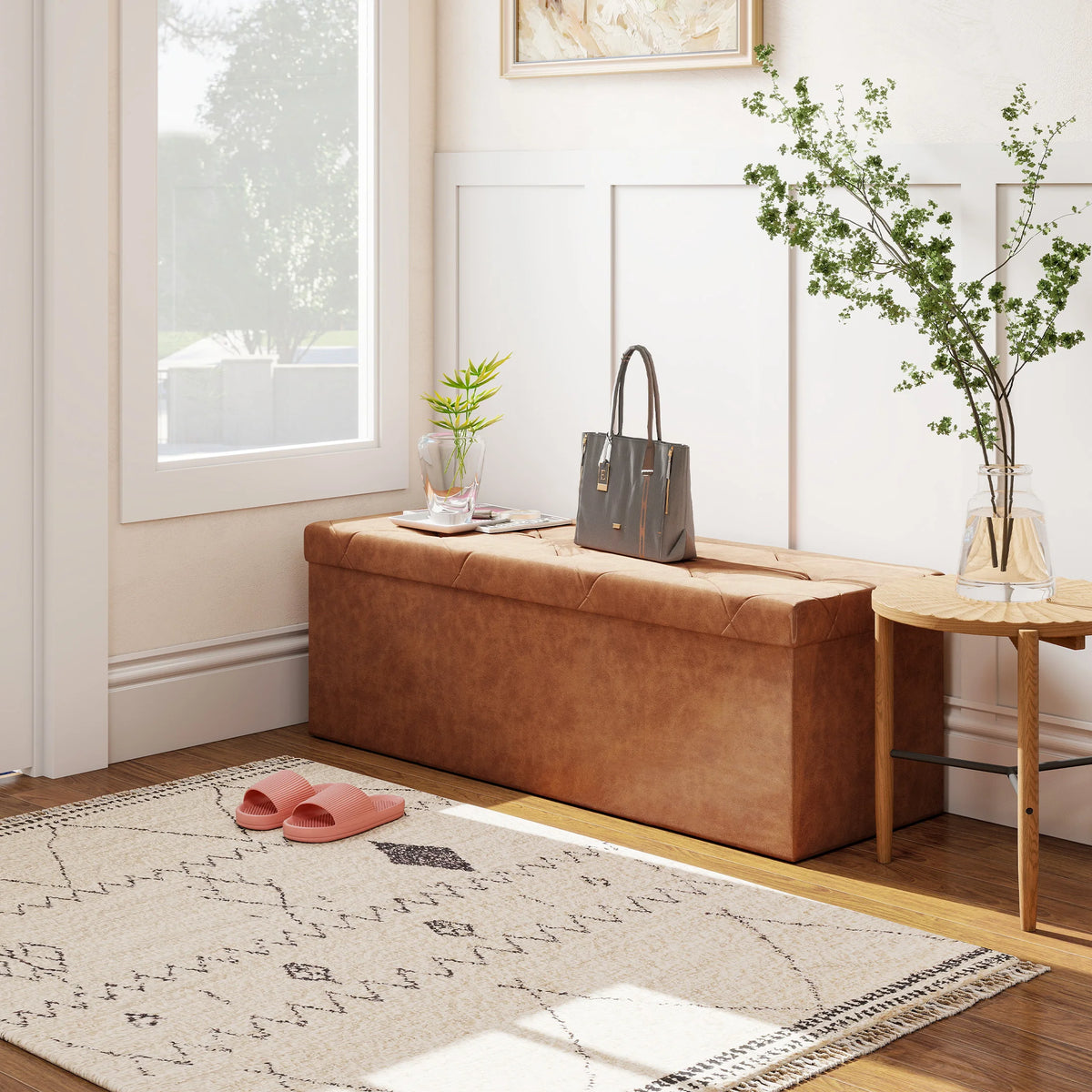 MCQ 43 Inch Faux Leather Foldable Ottoman Foot Rest Stool with Storage Folding End of Bed Storage Bench Storage Load 660 lbs for Living Room Bedroom Entryway