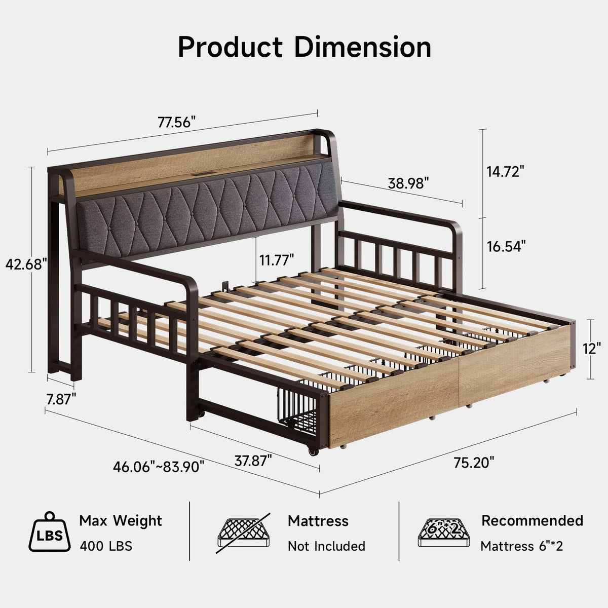 Twin to King Daybed with Trundle, Metal Twin Daybed with Pop up Trundle, Sturdy Twin Day Bed Frame with Storage Drawers, Upholstered Headboard with Charging Station for Living Room & Guest Room, Black / White