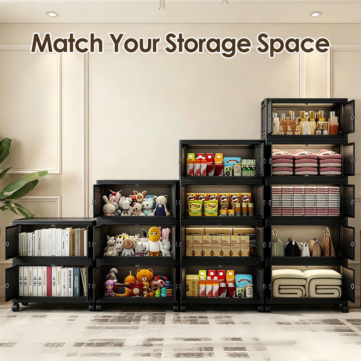 Multifunctional stackable storage cabinet, foldable multi-layer with wheels and handles, plastic storage cabinet, black and white, suitable for office documents, bedroom clothes, living room clutter, general storage