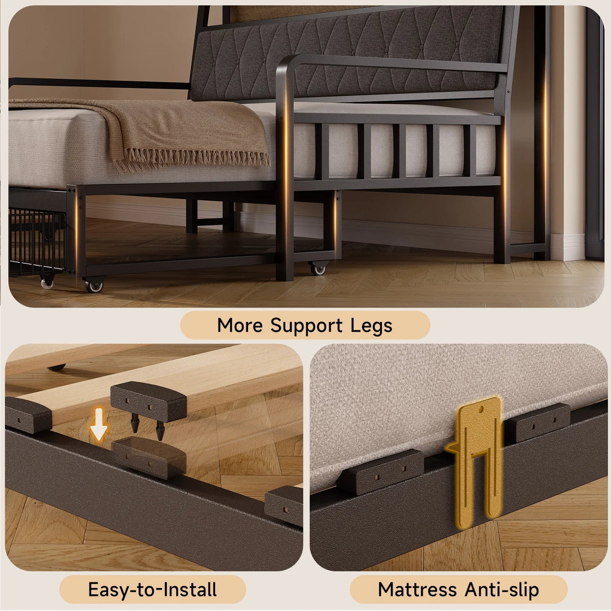 Twin to King Daybed with Trundle, Metal Twin Daybed with Pop up Trundle, Sturdy Twin Day Bed Frame with Storage Drawers, Upholstered Headboard with Charging Station for Living Room & Guest Room, Black / White