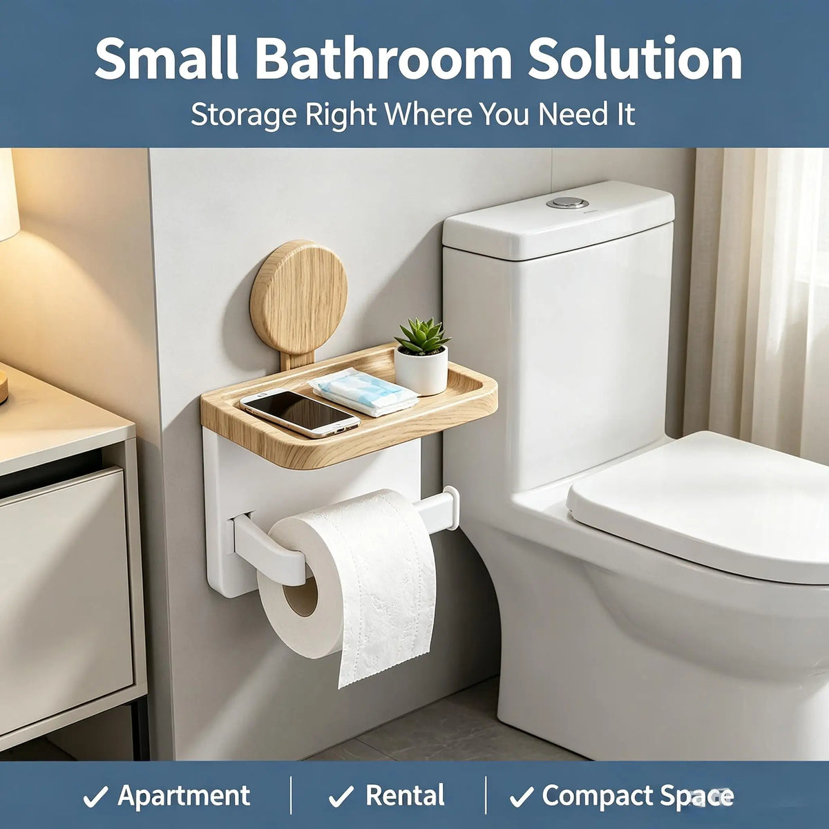 No‑Drill Self‑Adhesive Wall‑Mounted Paper Towel Holder with Wood‑Grain Storage Shelf, Multifunctional Kitchen & Bathroom Tissue Roll Rack, Space‑Saving Wall Organizer