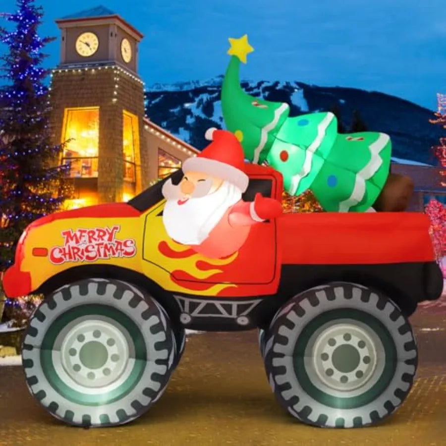 Yard party lawn decorations: inflatable Santa Claus riding reindeer 9.8 FT and Santa Claus monster truck (7.2 FT), PVC material