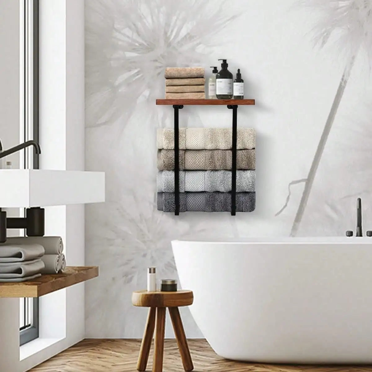 Wall Mounted Towel Rack for Bathroom, Black Minimalist Towel Storage Organizer with Shelf, Space Saving Wall Towel Holder for Large Bath Towels, Hand Towels, Spa, Salon, RV