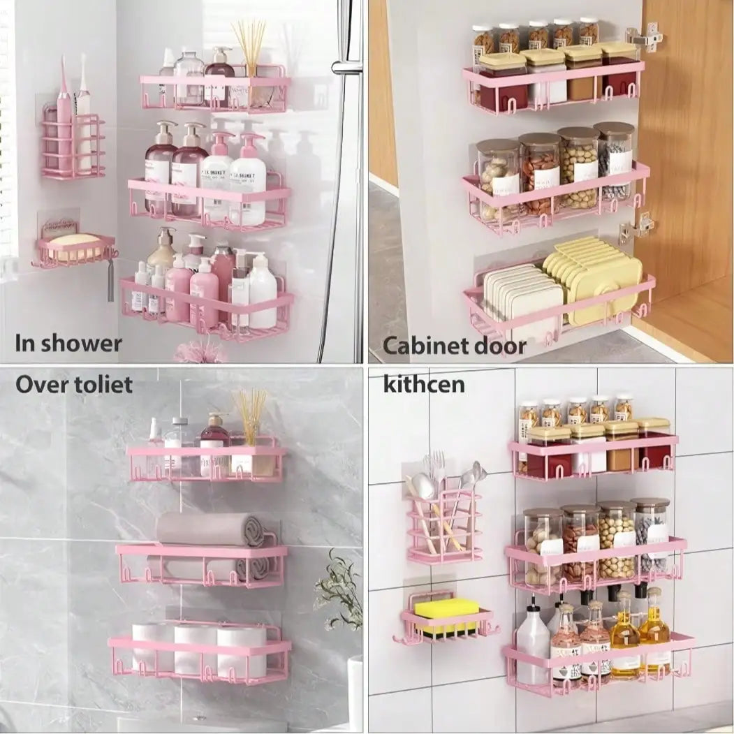 5-Pack Adhesive Shower Caddy, No Drilling Rustproof Stainless Steel Bathroom Organizer Shelves, Large Capacity Wall Mount Rack for Inside Shower, Pink
