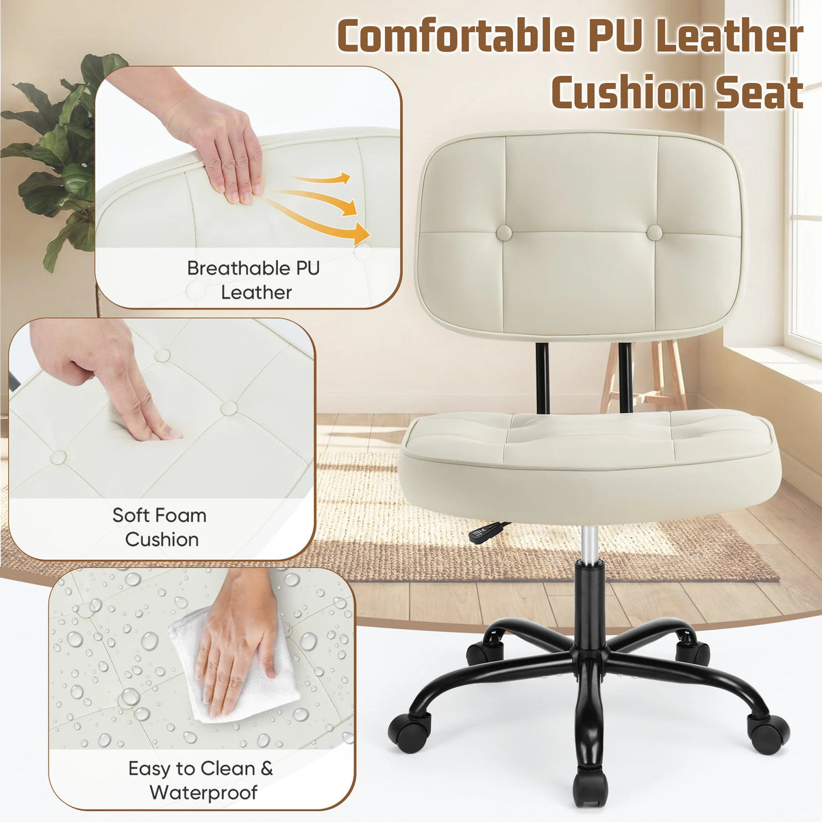 JHK Armless PU Leather Ergonomic Office Chair with Lumbar Support Rolling Swivel Adjustable Height Home Office Desk Chair