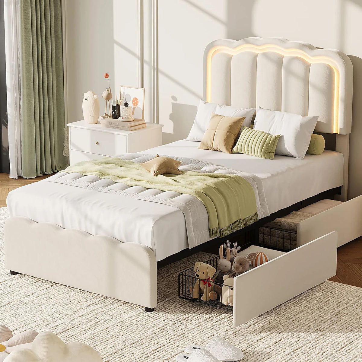 Twin Bed Frame With 2 Storage Drawers LED Lights Upholstered Platform Bed Adjustable Headboard No Box Spring Wood Slats