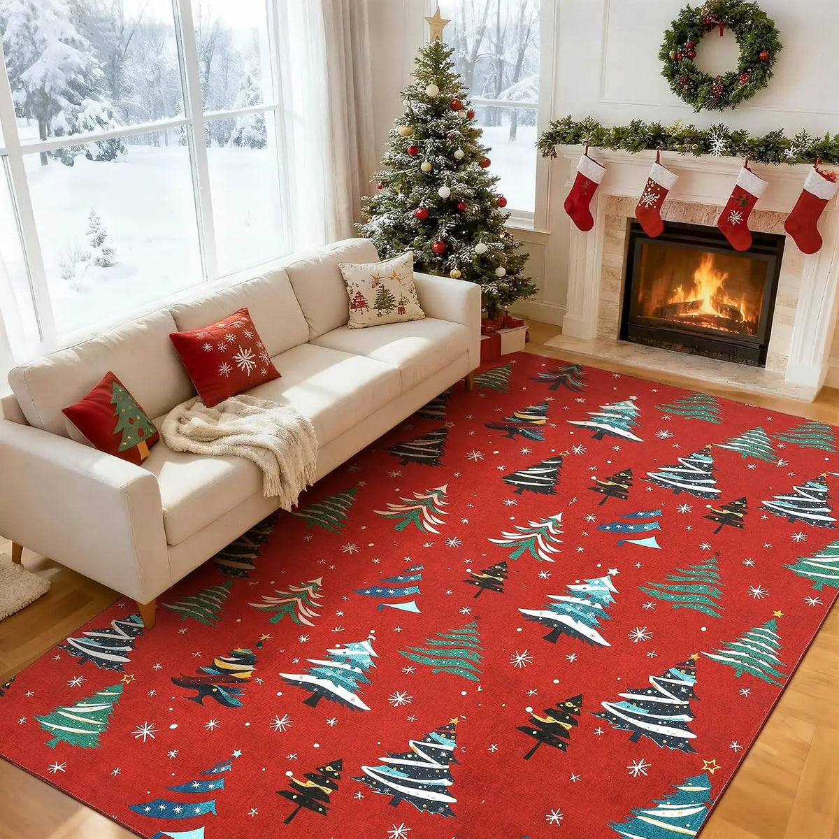 Garvee Area Rugs Christmas Snowflake Area Mat with Xmas Tree Pattern Living Room Bedroom Decoration Holiday Home Decoration Non Slip Low Pile Washable Rug