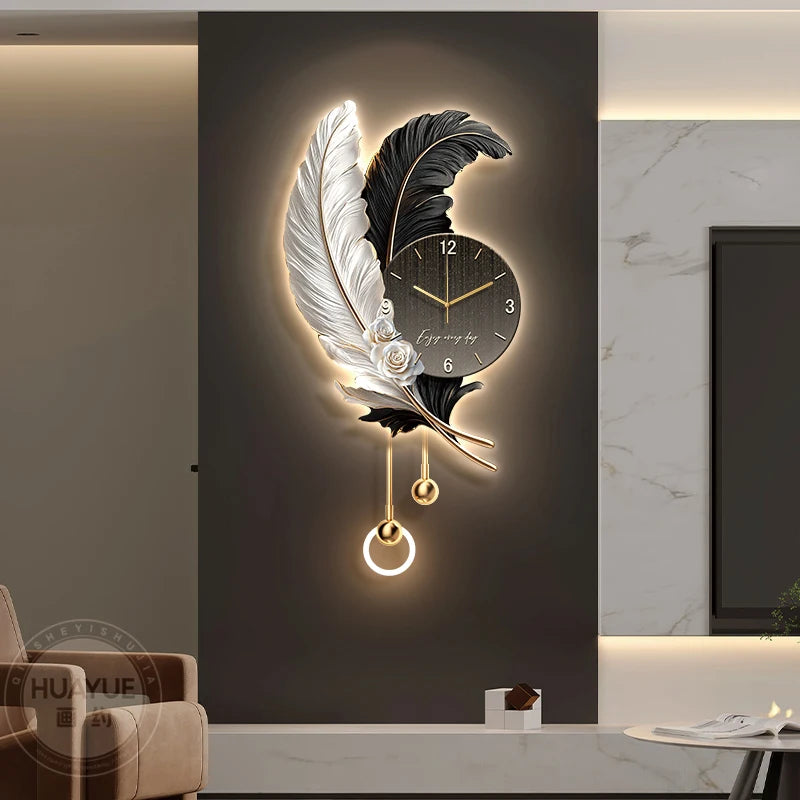 Feather Design Wall Clock With LED Lighting Luxury TV Background Art For Living Room Contemporary Wall Decor