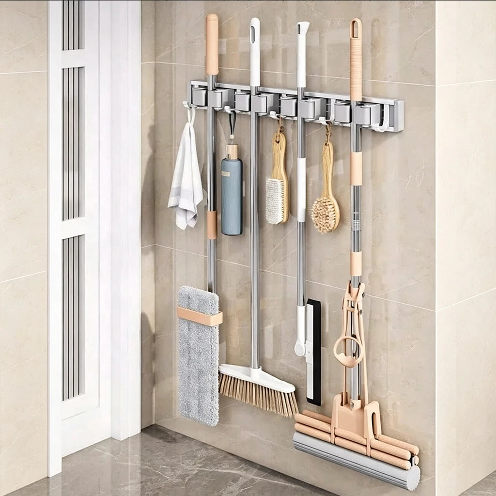 Wall-Mounted Mop and Broom Holder, Heavy Duty Cleaning Tool Organizer with Hooks for Garage Bathroom Kitchen, Space Saving Storage Rack