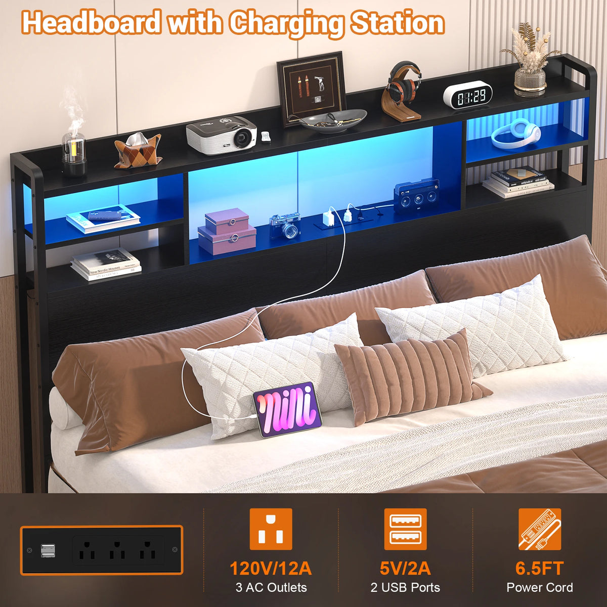 Aheaplus Headboard for Queen Size Bed with Storage, Headboards with LED Light, Power Outlets, USB Ports Queen Size Head Board, Wood Headboard Only Sturdy and Stable Headboards, Modern, Black
