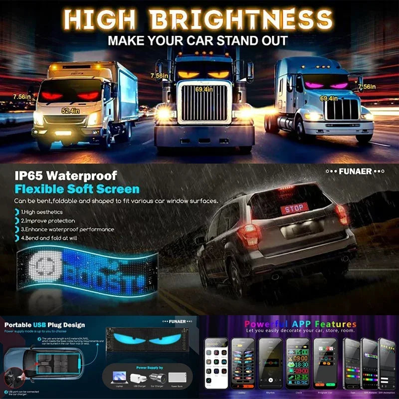 Car Devil Eyes Light Led Soft Screen DIY Colorful Car Windshield Dynamic LED Smart Phone App Control Flexible Matrix Screen