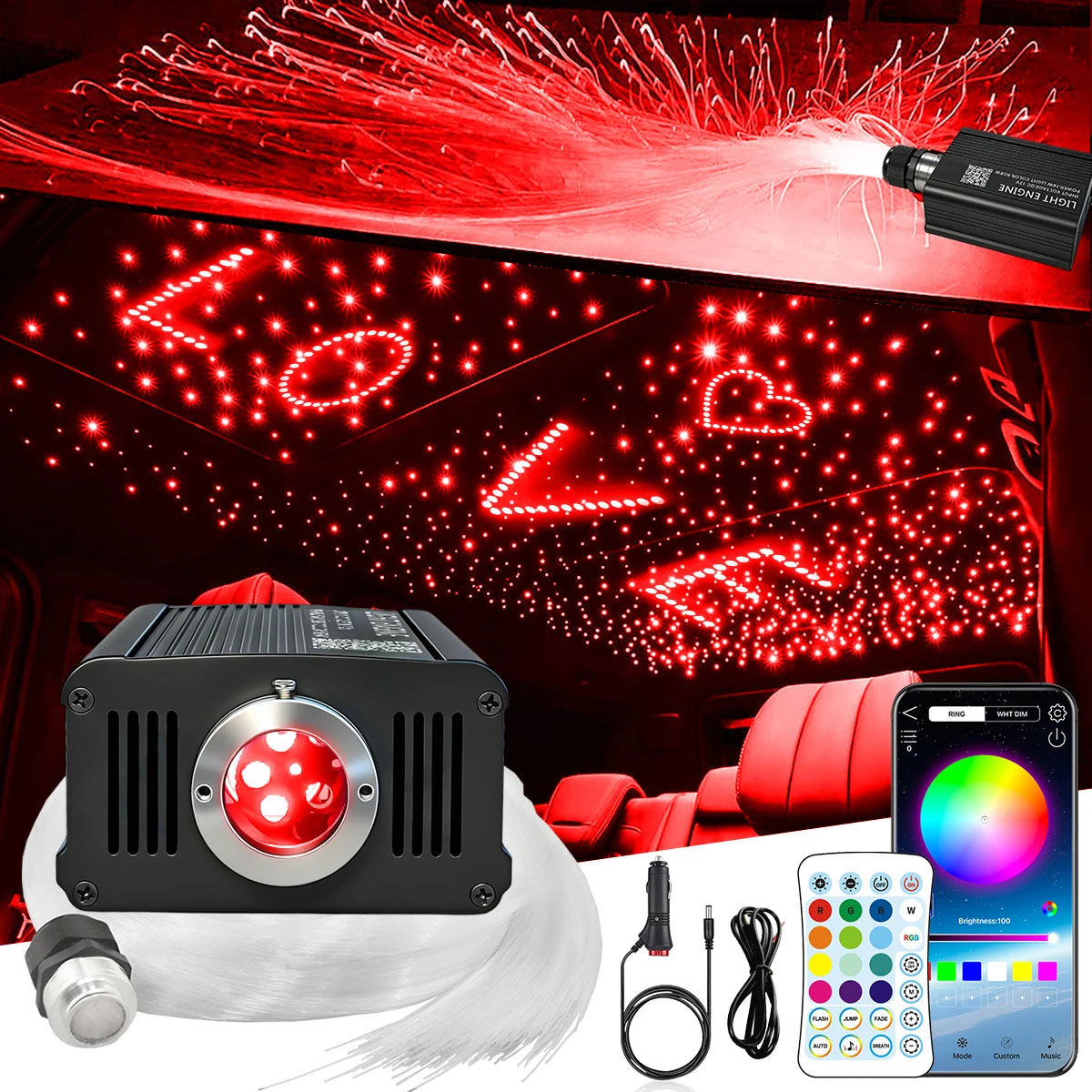 16W RGBW Starlight Headliner Kit, 500/550pcs 0.03in 2m‑3m Fiber Optic Lights, Twinkle Effect & Music Sync Mode, App & Remote Control, Car Roof Ceiling Starry Sky Lighting Kit for Auto Interior Decoration