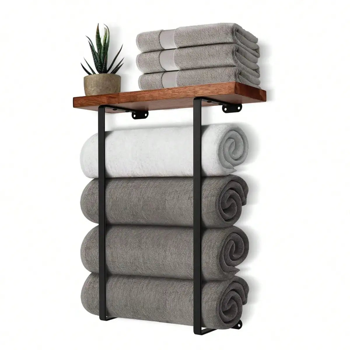 Wall Mounted Towel Rack for Bathroom, Black Minimalist Towel Storage Organizer with Shelf, Space Saving Wall Towel Holder for Large Bath Towels, Hand Towels, Spa, Salon, RV