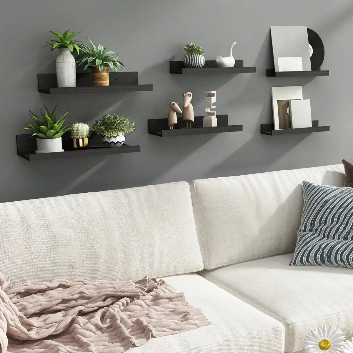 6Pcs Floating Shelves with Lip, Wall Mounted Wood Storage Shelf Set, Display Picture Ledge for Bedroom, Living Room, Bathroom & Kitchen, Wall Decor