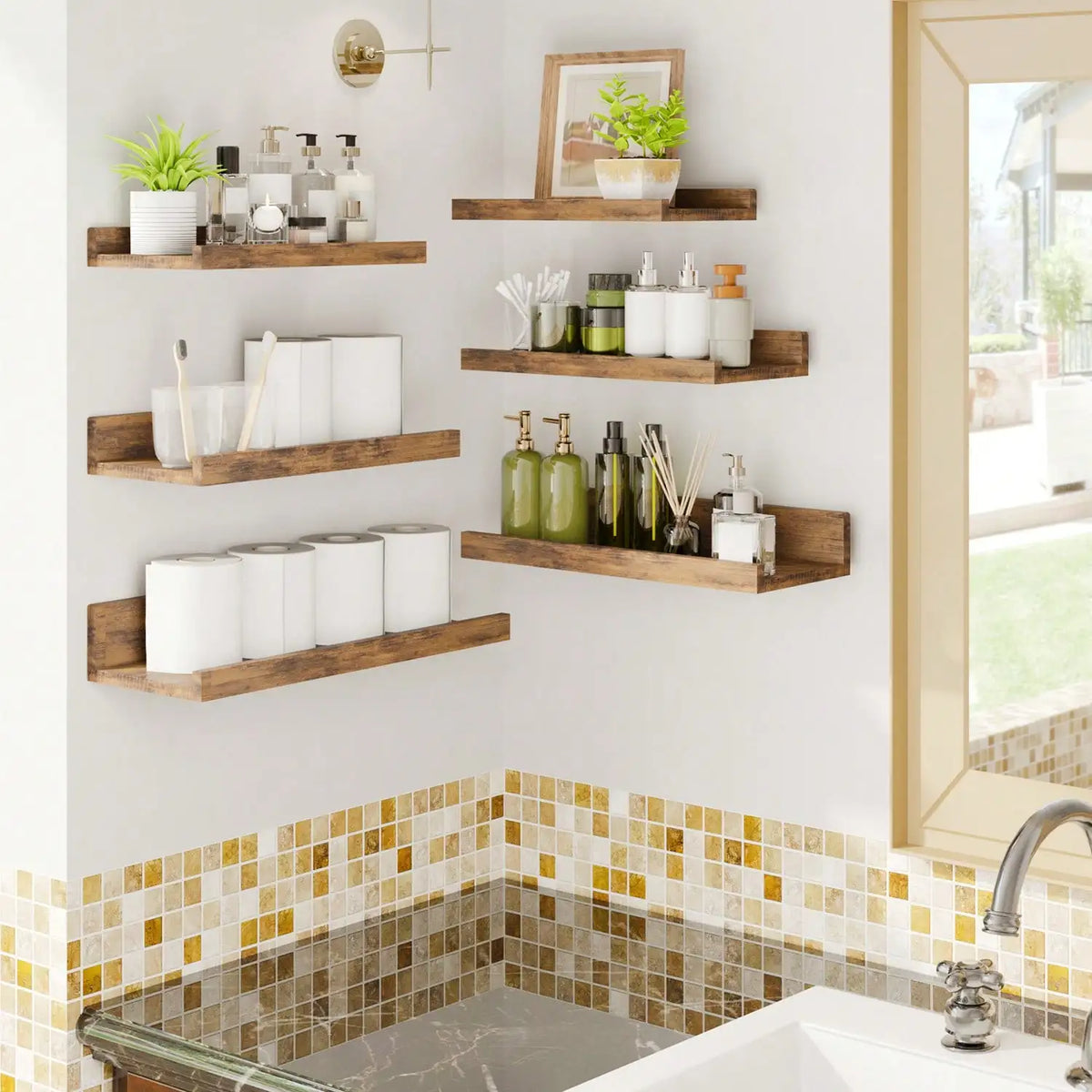6Pcs Floating Shelves with Lip, Wall Mounted Wood Storage Shelf Set, Display Picture Ledge for Bedroom, Living Room, Bathroom & Kitchen, Wall Decor