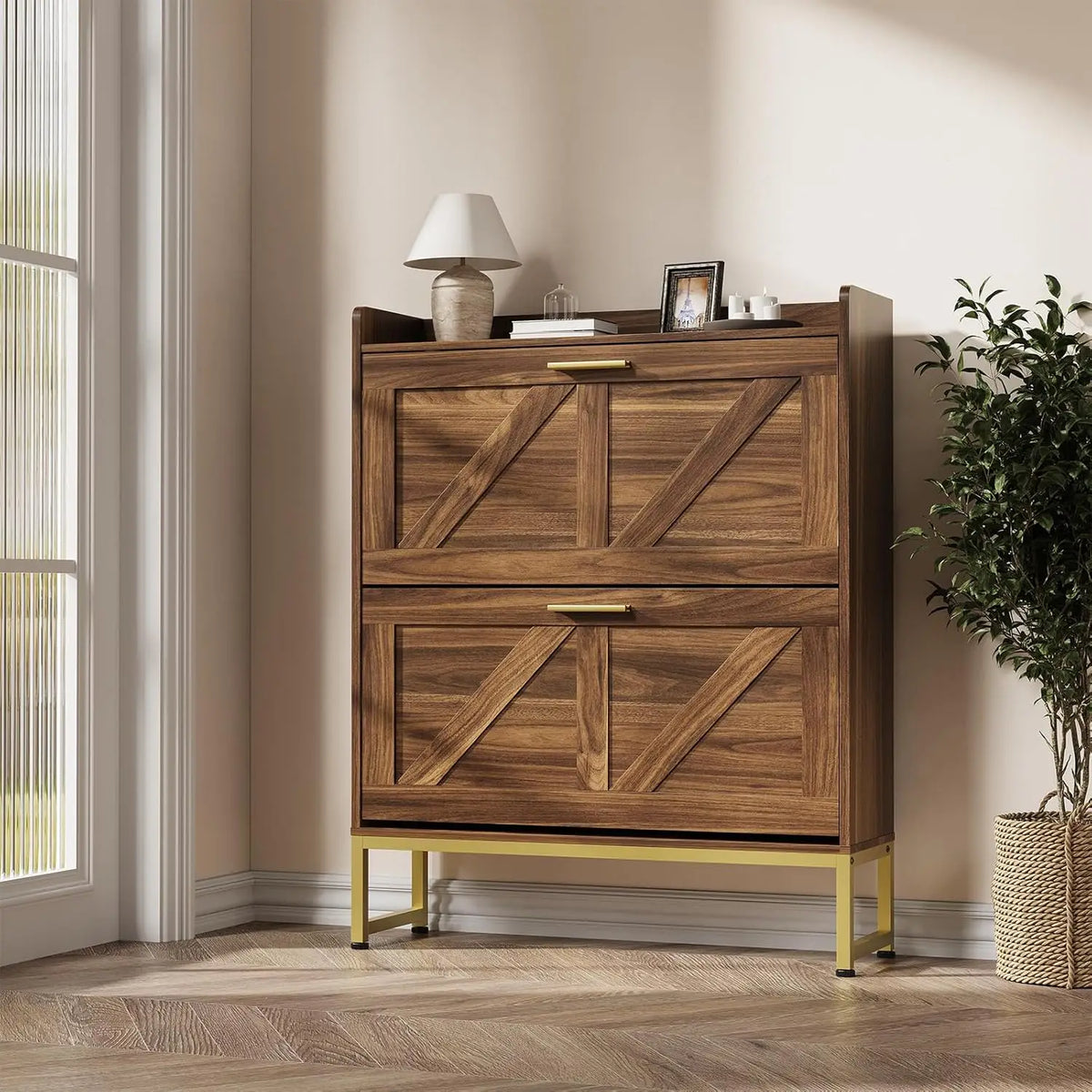 Narrow Shoe Cabinet For Entryway With 2-Tier Flip Drawers, Adjustable Shelves, Dustproof Back Panel, Freestanding Organizer