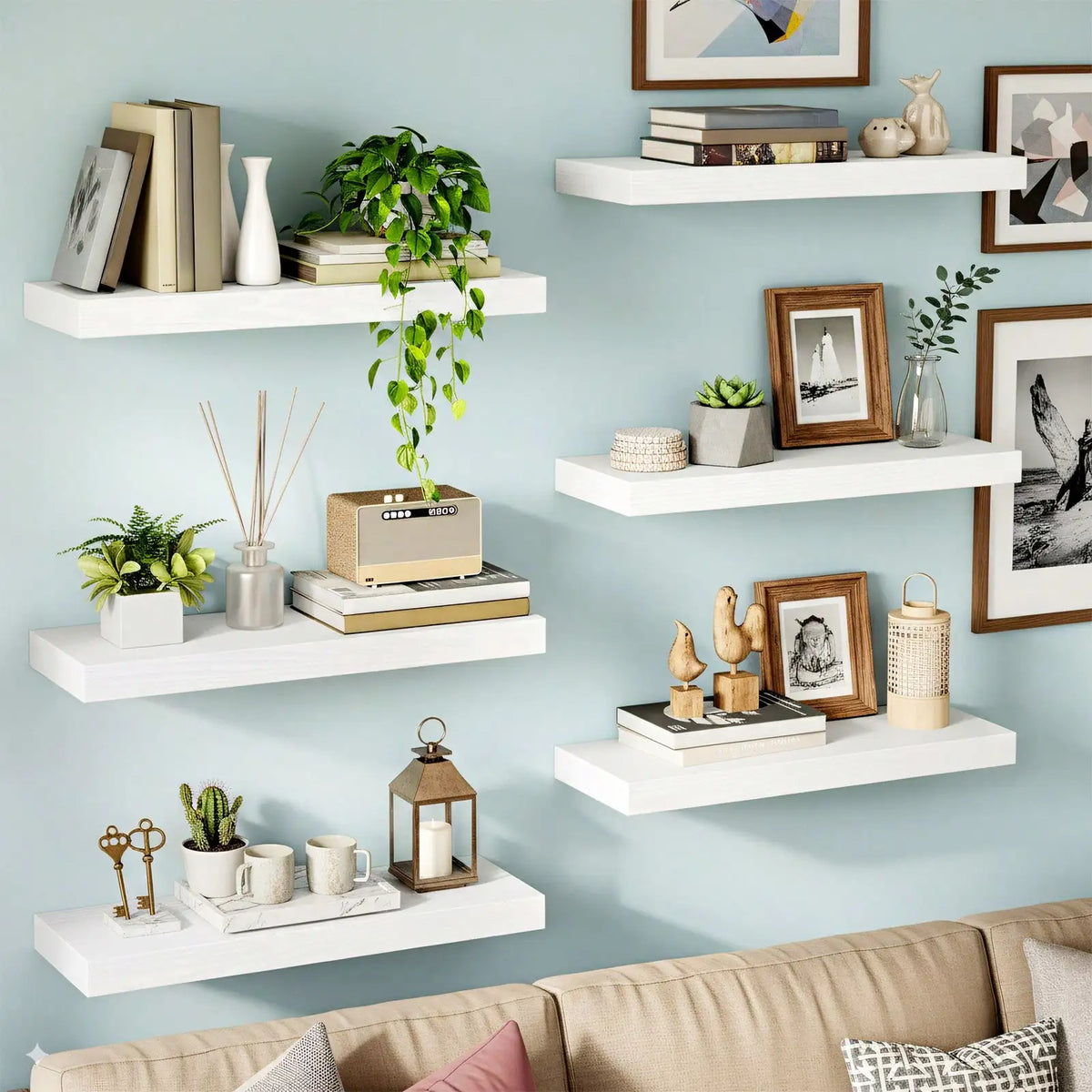 6-Pack 15.8 Inch Wood Floating Shelves, Farmhouse Wall Mounted Display Shelf Set, Rustic Storage Rack for Bathroom, Bedroom, Kitchen, Living Room Decor