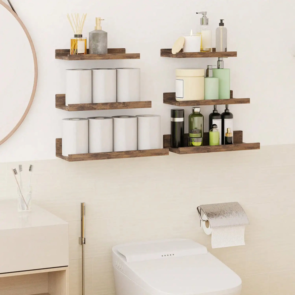 6Pcs Floating Shelves with Lip, Wall Mounted Wood Storage Shelf Set, Display Picture Ledge for Bedroom, Living Room, Bathroom & Kitchen, Wall Decor