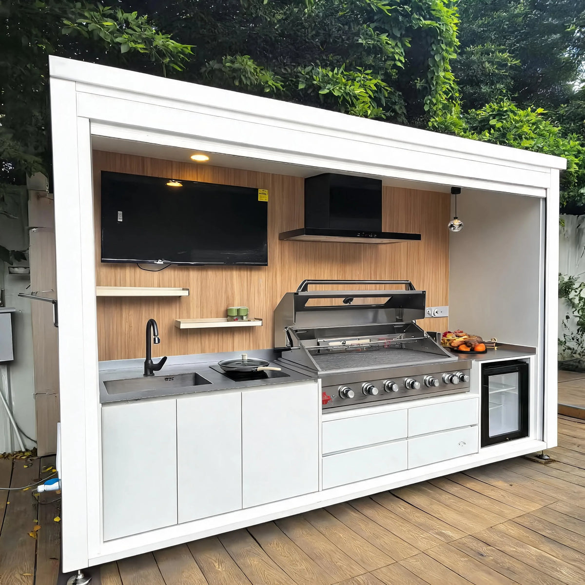 Complete Outdoor Kitchen Cabinet Set With Motorized Lift Up Roof Gas Grill Sink Refrigerator And Storage Drawers