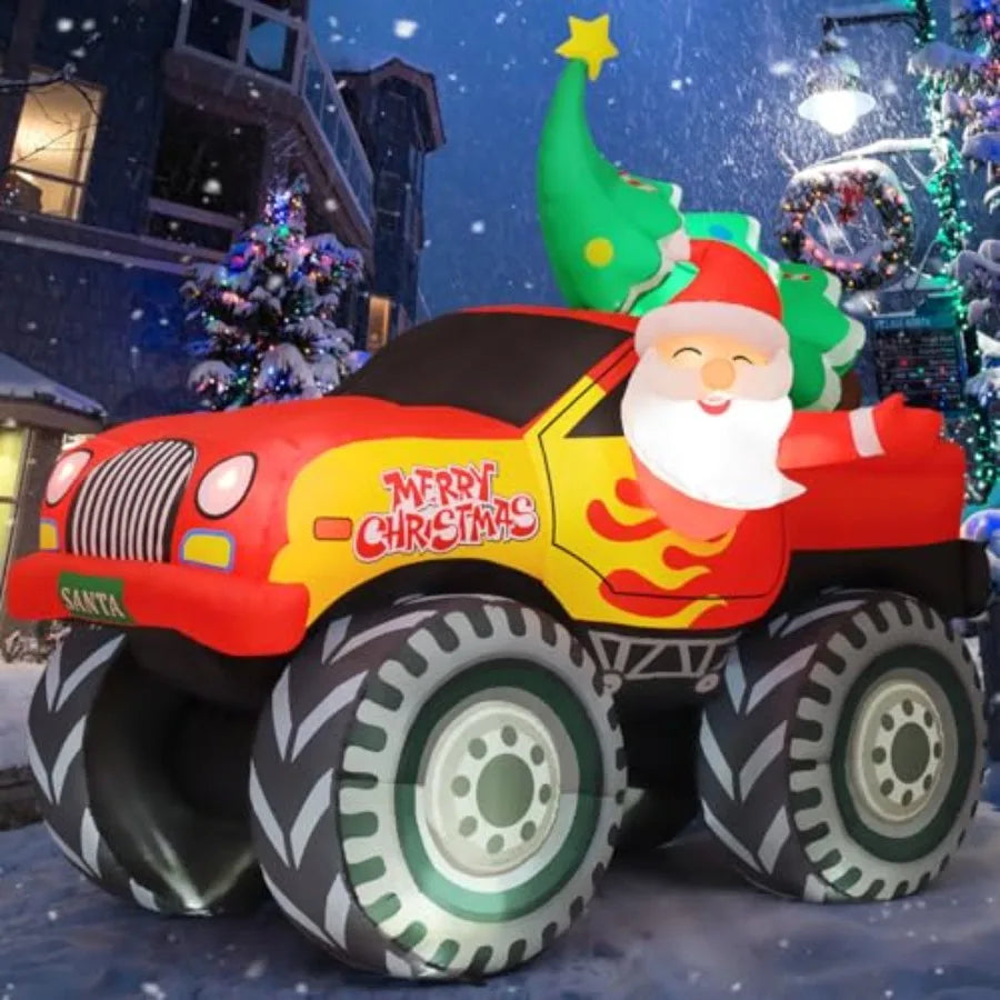 Yard party lawn decorations: inflatable Santa Claus riding reindeer 9.8 FT and Santa Claus monster truck (7.2 FT), PVC material