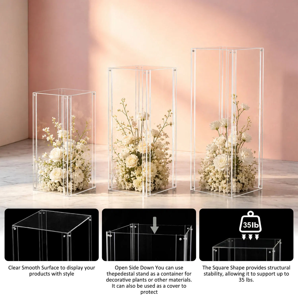 Acrylic Column Pedestal Stand for Party 3PCS Clear Lucite Display Pedestal for Cake Wedding Events Art Gallery Party Decor