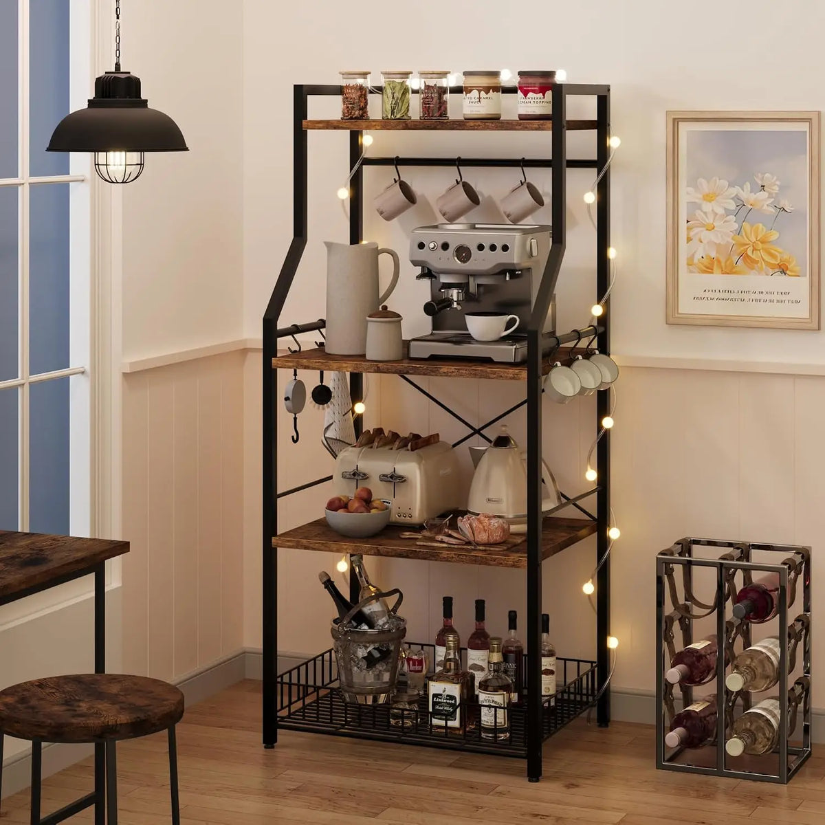 4-Tier Household Floor-Standing Rack For Cookware multi-level and Multi-functional Storage For Bathroom Home Metal Frame 8 S-Hooks Industrial Coffee Bar Storage Shelf