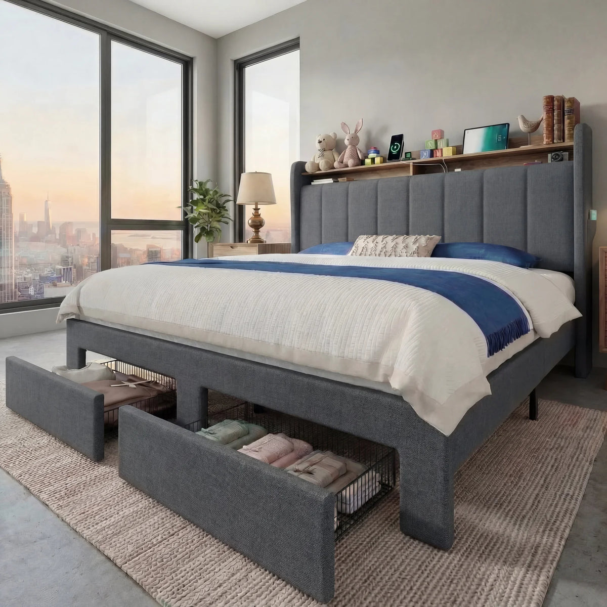HOOMIC Bed Frame, 2 Storage Drawers/2-Tier Shelves with LED Lights & Charging Station, No Box Spring Need, Full/Queen/King