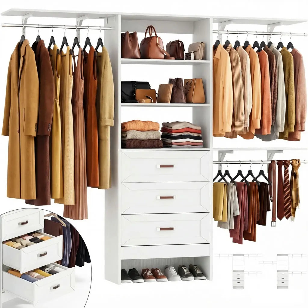 8FT Closet System with 3 Curved Drawers, 96" Wooden Walk-in Closet Organizer with 3 Top Shelves, Adjustable Hanging Rods & DIY Configurable Storage Rack for 4-8 ft Spaces