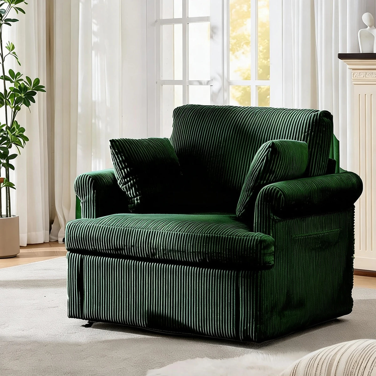 39-Inch 360 Swivel Accent Chair, Large Corduroy Barrel Armchair & 2 Pillows, Storage Pockets For Living Room Bedroom Home Office