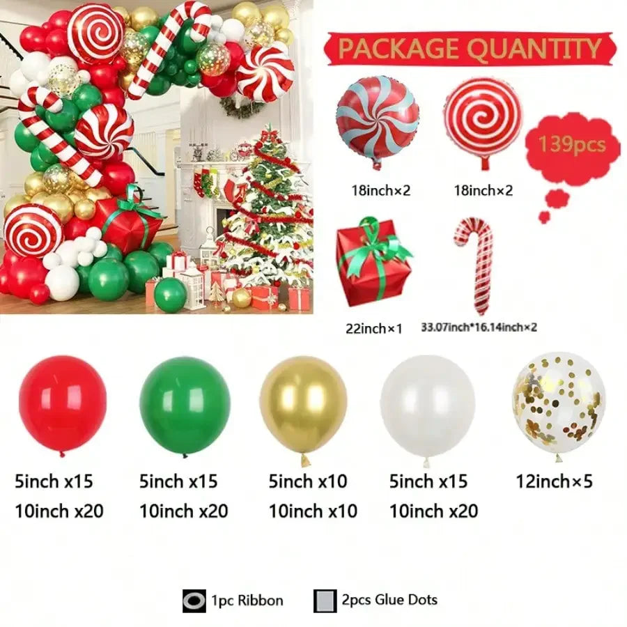 Christmas Candy Cane Balloon Garland Kit, Red Green White Metallic Gold Latex & Confetti Balloons, Giant Peppermint Lollipop Candy Cane Gift Box Foil Balloons, Winter Holiday 2026 New Year Xmas Dinner Table Party Photo Backdr