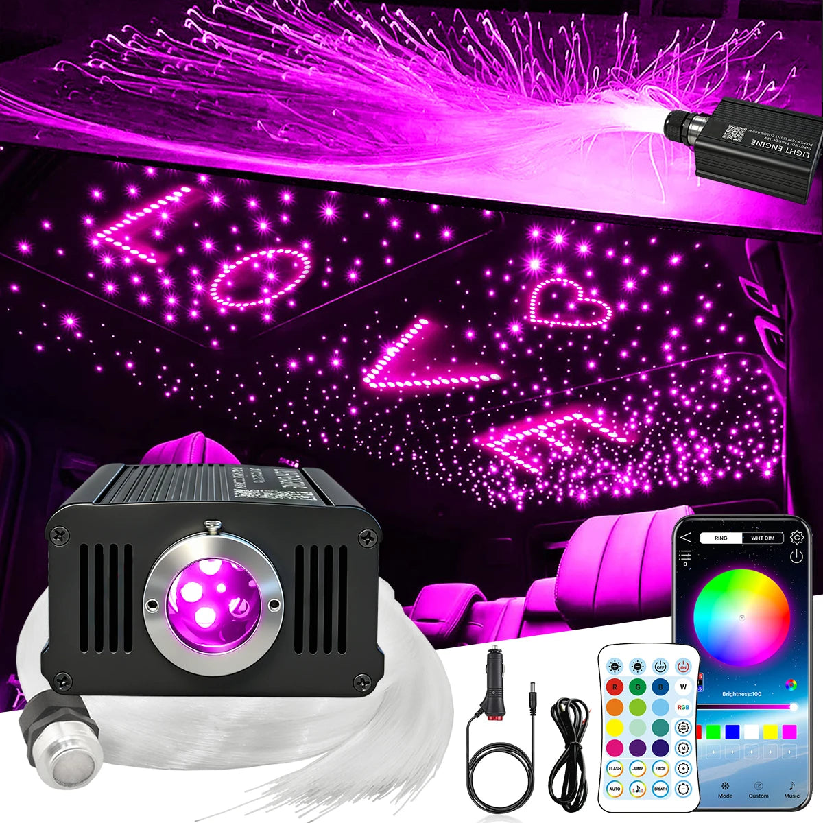 16W RGBW Starlight Headliner Kit, 500/550pcs 0.03in 2m‑3m Fiber Optic Lights, Twinkle Effect & Music Sync Mode, App & Remote Control, Car Roof Ceiling Starry Sky Lighting Kit for Auto Interior Decoration
