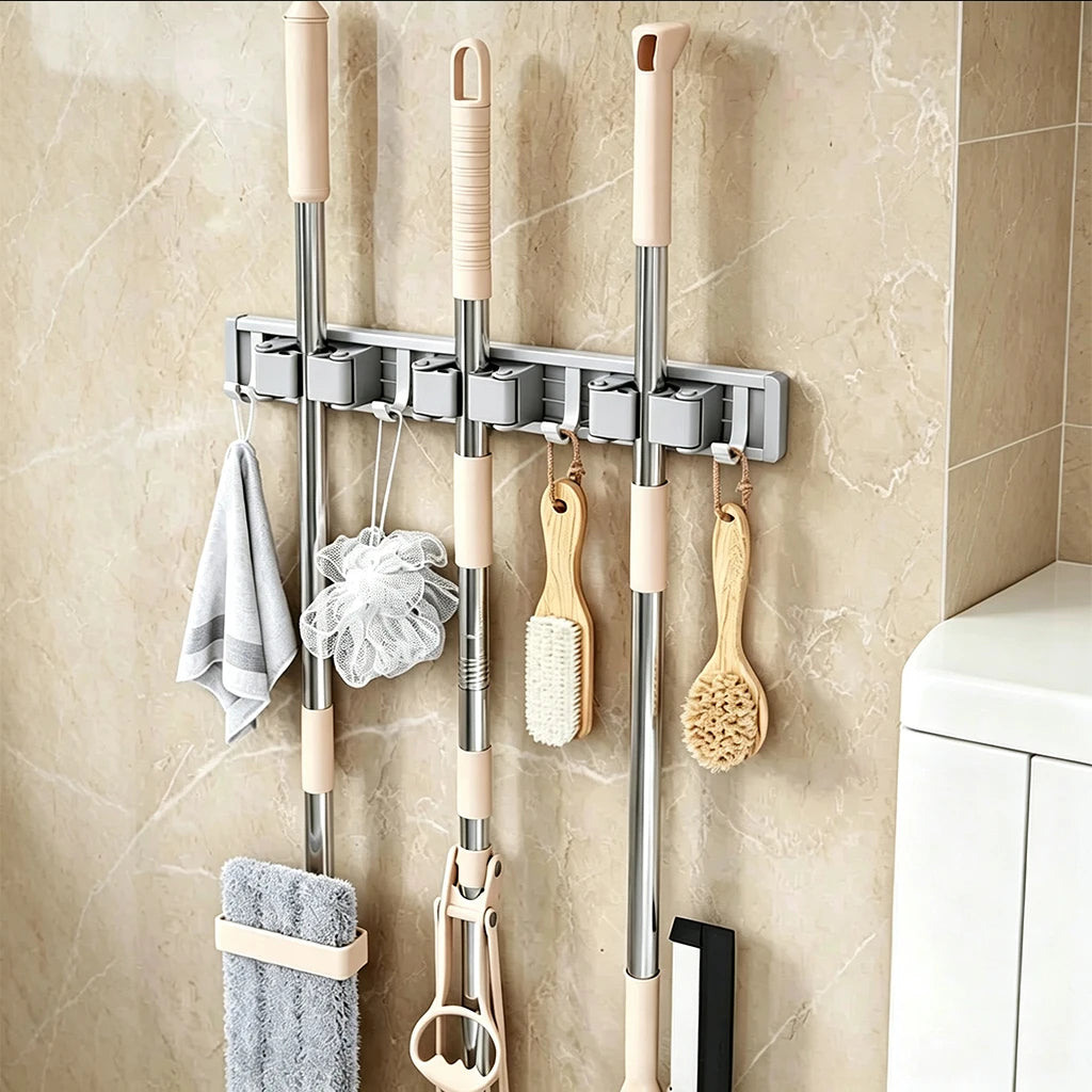Wall-Mounted Mop and Broom Holder, Heavy Duty Cleaning Tool Organizer with Hooks for Garage Bathroom Kitchen, Space Saving Storage Rack