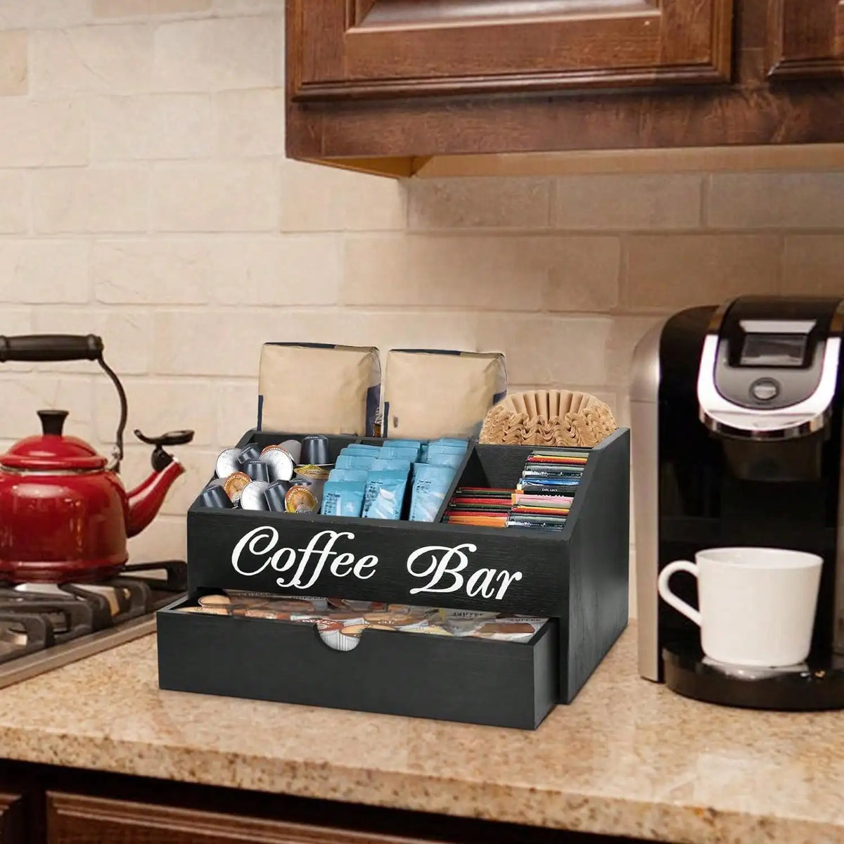 Coffee Bar Organizer Countertop Farmhouse Wooden Coffee Station Box Black Cursive Letter Printed Compartments Drawer For Coffee Pods Sugar Tea Cups Condiments Kitchen Office Counter Decor Housewarming Gift