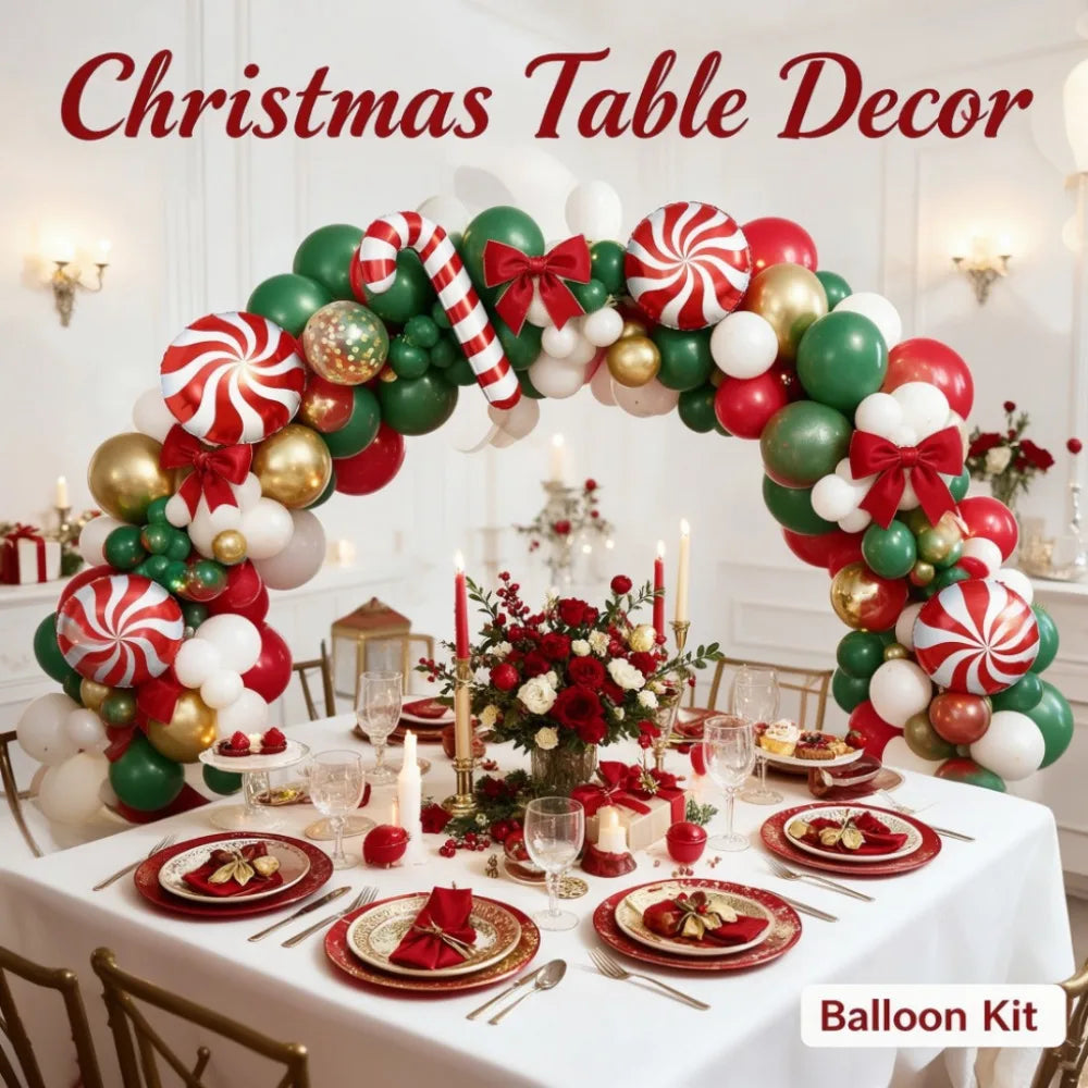 Christmas Candy Cane Balloon Garland Kit, Red Green White Metallic Gold Latex & Confetti Balloons, Giant Peppermint Lollipop Candy Cane Gift Box Foil Balloons, Winter Holiday 2026 New Year Xmas Dinner Table Party Photo Backdr