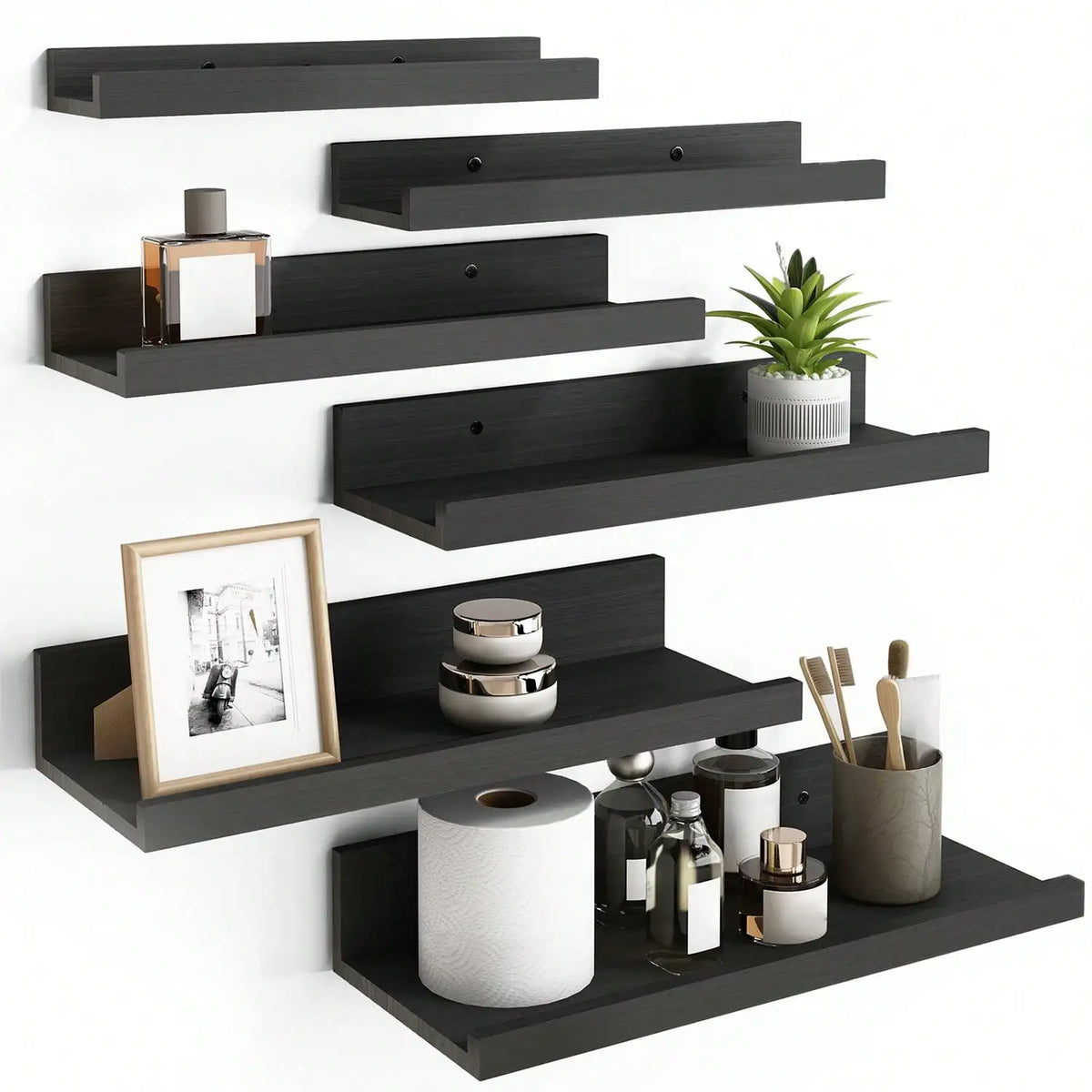 6Pcs Floating Shelves with Lip, Wall Mounted Wood Storage Shelf Set, Display Picture Ledge for Bedroom, Living Room, Bathroom & Kitchen, Wall Decor