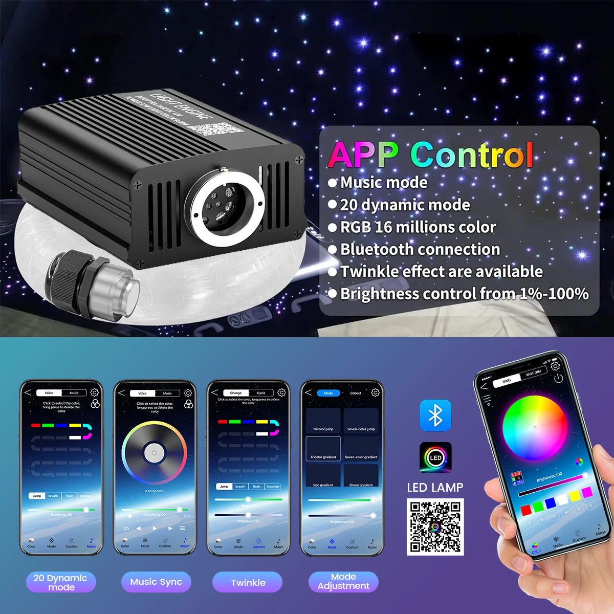 16W RGBW Starlight Headliner Kit, 500/550pcs 0.03in 2m‑3m Fiber Optic Lights, Twinkle Effect & Music Sync Mode, App & Remote Control, Car Roof Ceiling Starry Sky Lighting Kit for Auto Interior Decoration
