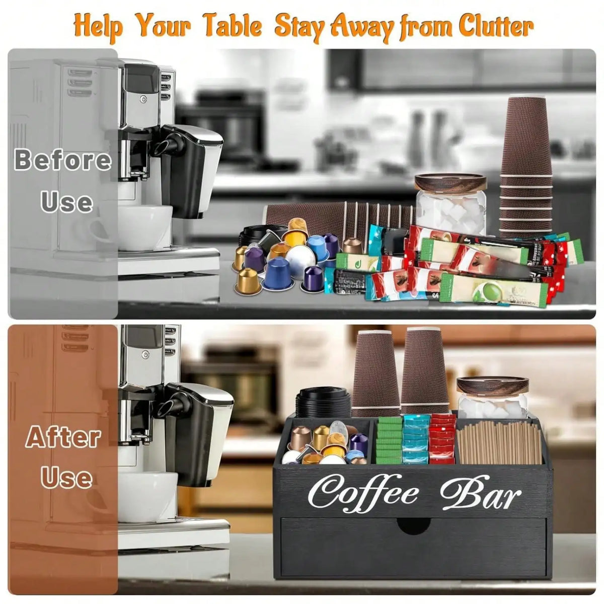 Coffee Bar Organizer Countertop Farmhouse Wooden Coffee Station Box Black Cursive Letter Printed Compartments Drawer For Coffee Pods Sugar Tea Cups Condiments Kitchen Office Counter Decor Housewarming Gift