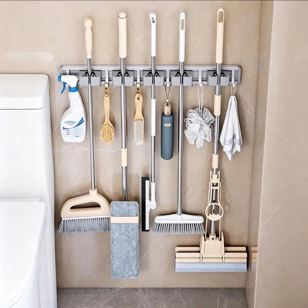 Wall-Mounted Mop and Broom Holder, Heavy Duty Cleaning Tool Organizer with Hooks for Garage Bathroom Kitchen, Space Saving Storage Rack
