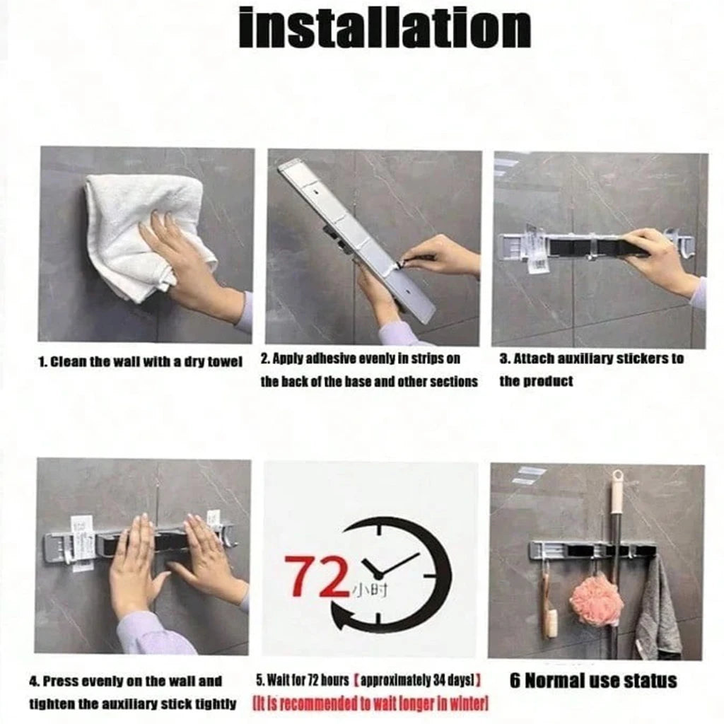 Wall-Mounted Mop and Broom Holder, Heavy Duty Cleaning Tool Organizer with Hooks for Garage Bathroom Kitchen, Space Saving Storage Rack