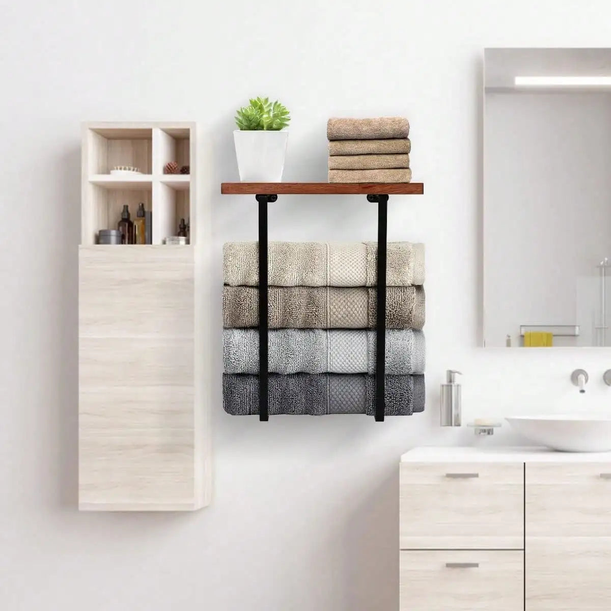 Wall Mounted Towel Rack for Bathroom, Black Minimalist Towel Storage Organizer with Shelf, Space Saving Wall Towel Holder for Large Bath Towels, Hand Towels, Spa, Salon, RV