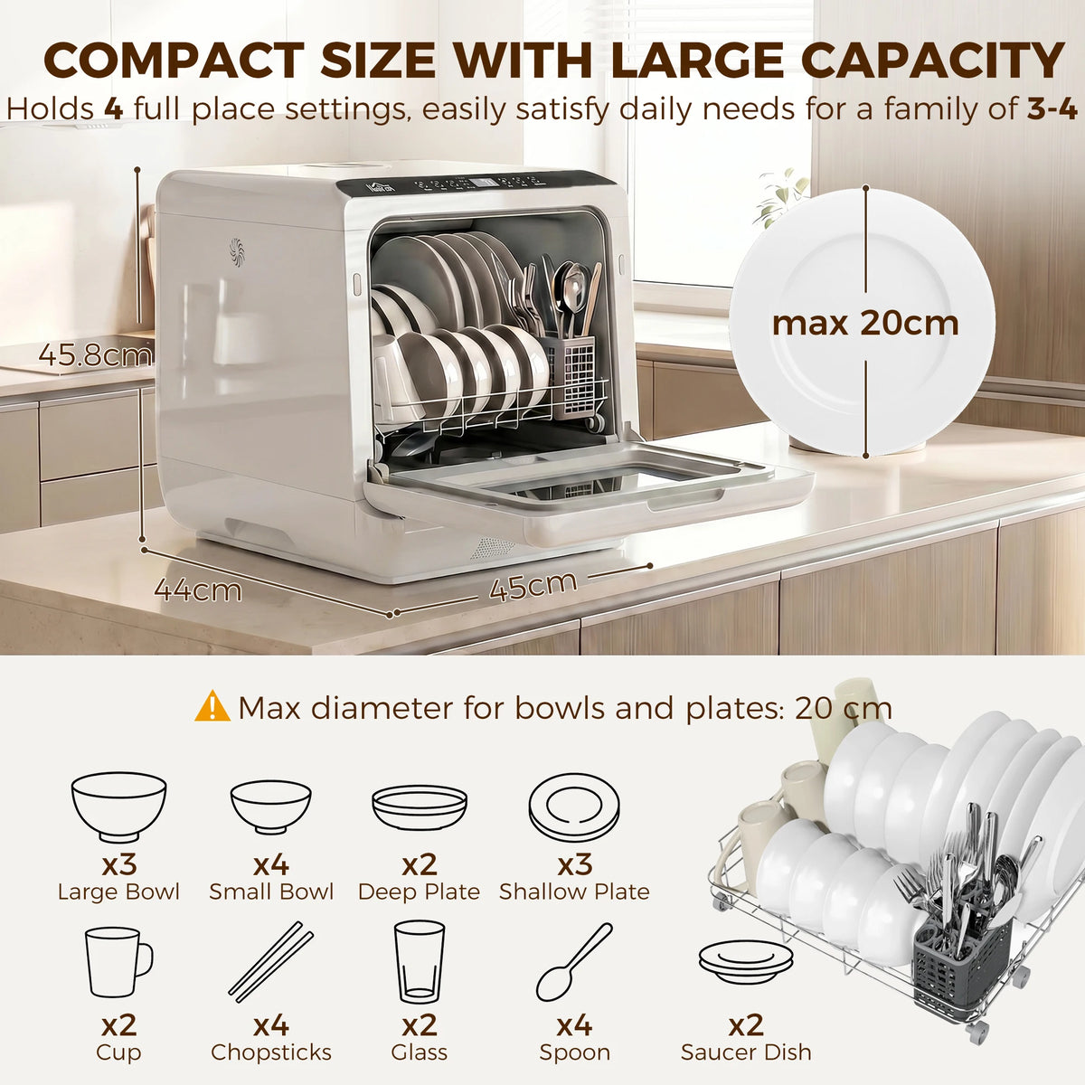 Homcom Portable Countertop Dishwasher, 6L Compact Mini Dishwasher with 1.6 Gal Built-In Water Tank, 5 Programs, Air-Dry Function, 158 ° F High-Temp, No Hookup Needed, 4 Place Settings for Apartments Rvs