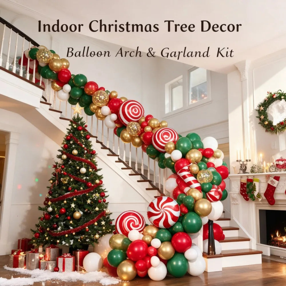 Christmas Candy Cane Balloon Garland Kit, Red Green White Metallic Gold Latex & Confetti Balloons, Giant Peppermint Lollipop Candy Cane Gift Box Foil Balloons, Winter Holiday 2026 New Year Xmas Dinner Table Party Photo Backdr