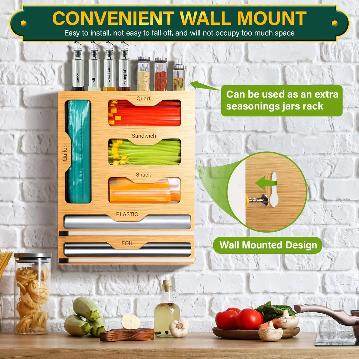 Bag Organizer and Plastic Wrap Dispenser with Cutter, 6 In 1 Bamboo Foil and Plastic Wrap Organizer for Kitchen Drawer, Food Storage Bag Organizer for Gallon,Quart,Sandwich,Snack
