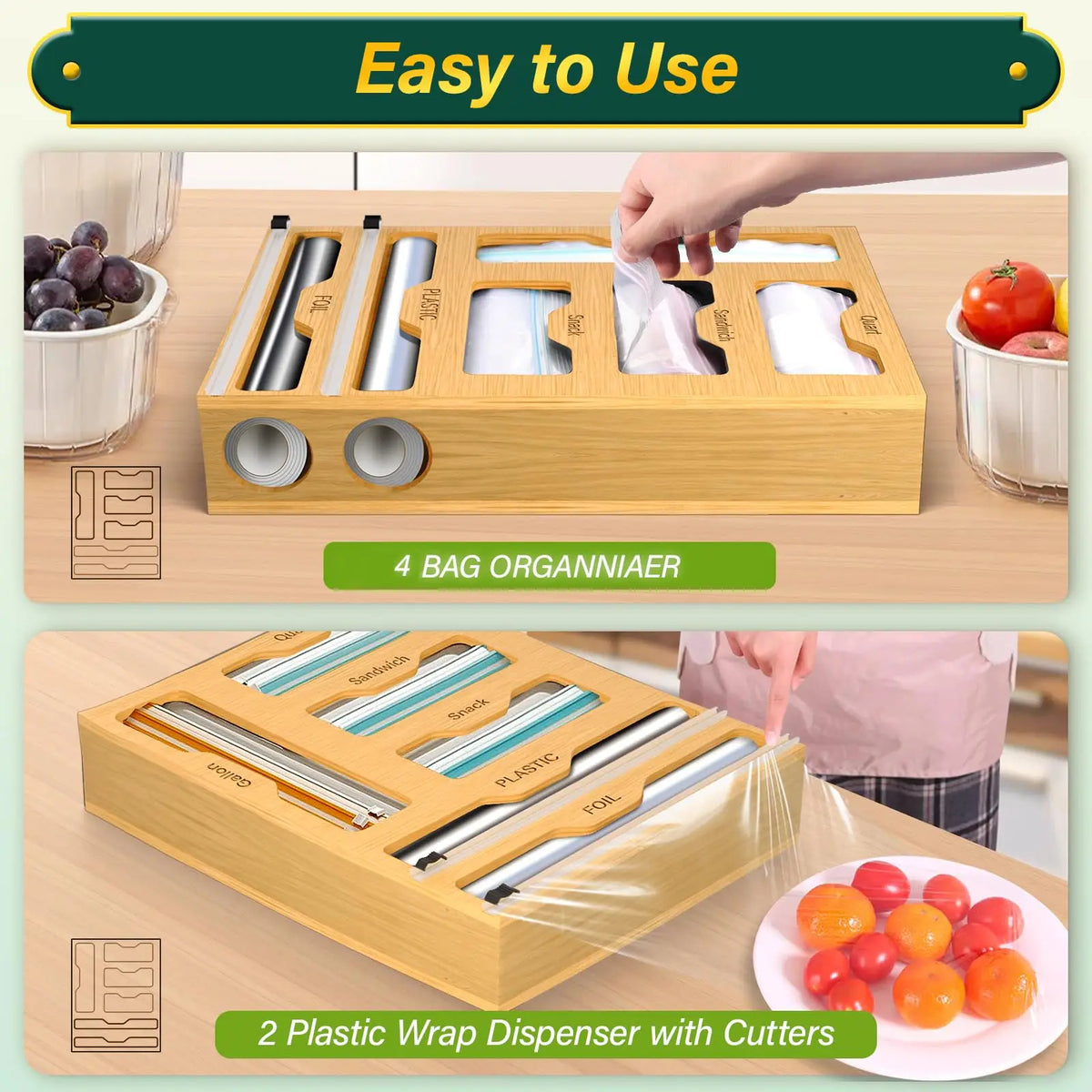 Bag Organizer and Plastic Wrap Dispenser with Cutter, 6 In 1 Bamboo Foil and Plastic Wrap Organizer for Kitchen Drawer, Food Storage Bag Organizer for Gallon,Quart,Sandwich,Snack