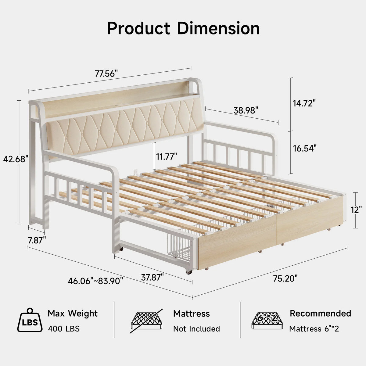 Twin to King Daybed with Trundle, Metal Twin Daybed with Pop up Trundle, Sturdy Twin Day Bed Frame with Storage Drawers, Upholstered Headboard with Charging Station for Living Room & Guest Room, Black / White