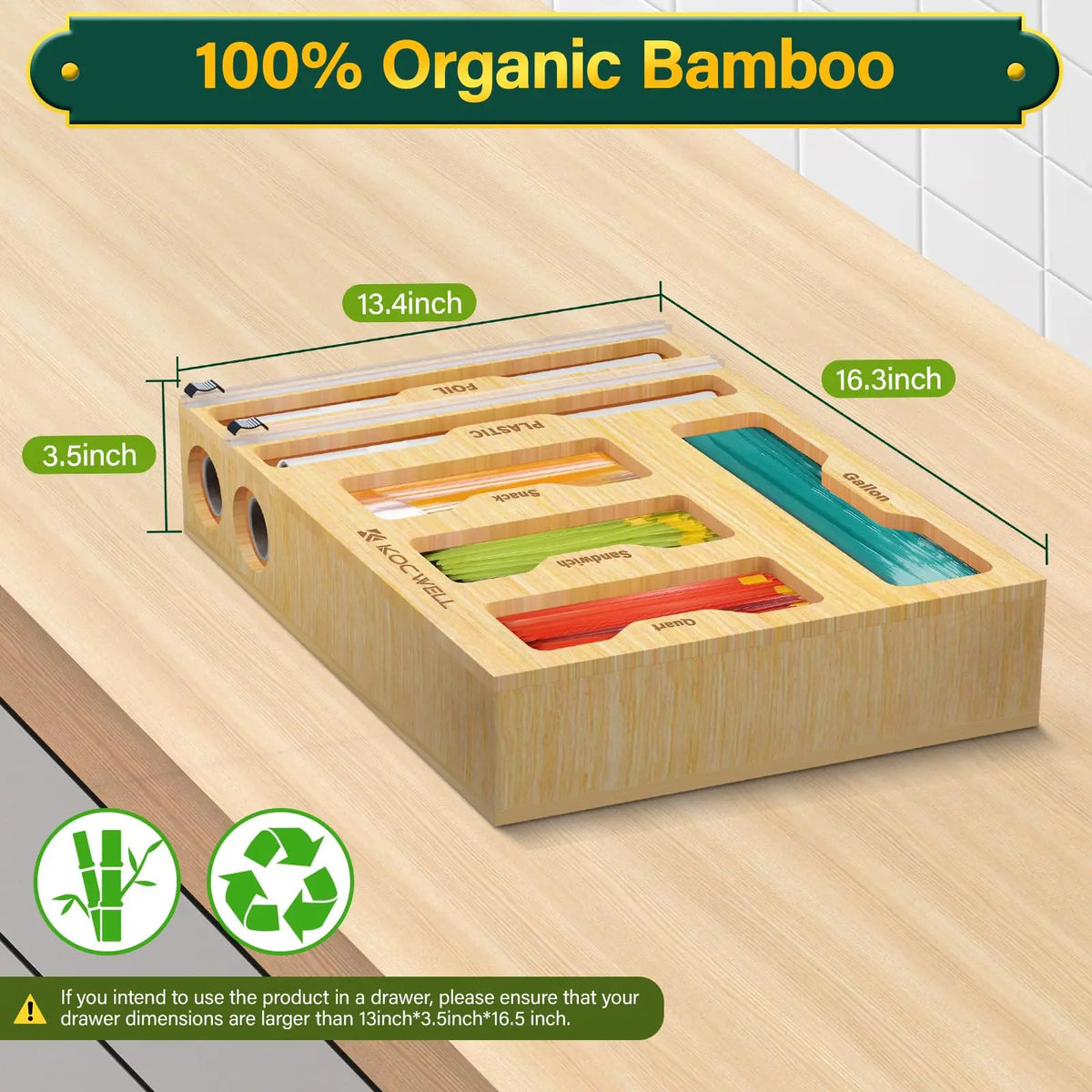 Bag Organizer and Plastic Wrap Dispenser with Cutter, 6 In 1 Bamboo Foil and Plastic Wrap Organizer for Kitchen Drawer, Food Storage Bag Organizer for Gallon,Quart,Sandwich,Snack