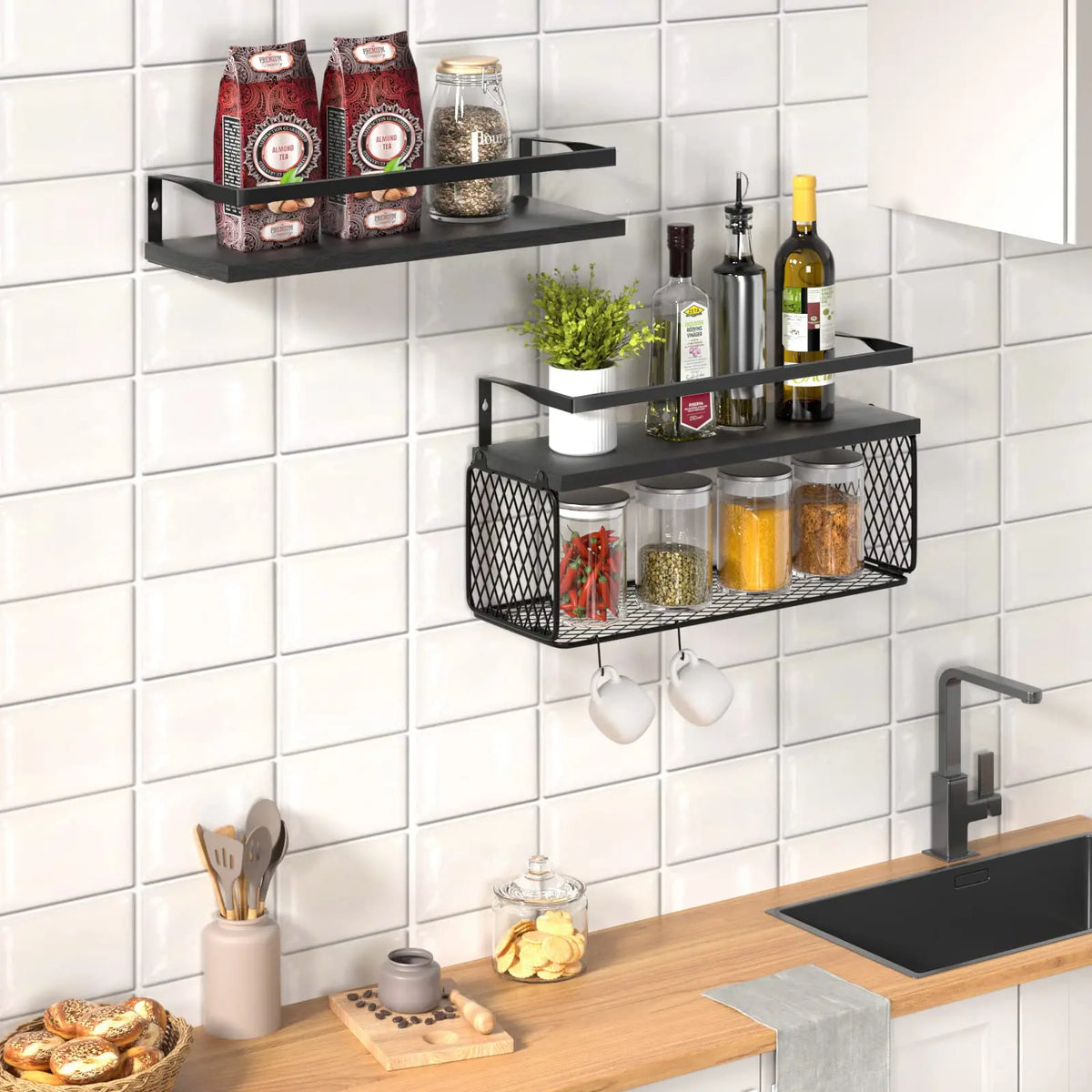 Floating Shelves with Storage Basket & Metal Guardrail, Bathroom Shelves Over Toilet with Wall Decor Sign, Wood Wall Organizer for Bedroom, Living Room, Kitchen