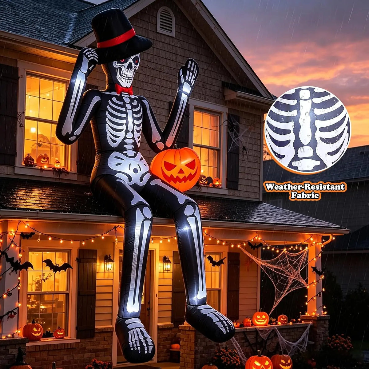 12FT Inflatable Halloween Decoration: Giant Seated Skeleton Holding a Pumpkin, Outdoor Blow-Up with Inbuilt LED Lights & Rapid Inflation, Ideal for Yard, Roof, Balcony, Lawn Garden - Spooky